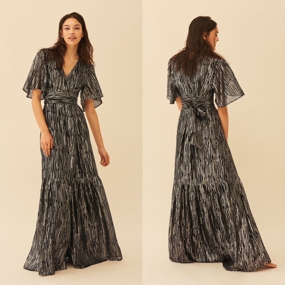 Ba&sh Dress Nixon Metallic Crossover-Neck Tie Maxi Party Black Gold XS GUC - Picture 12 of 12